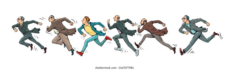 men run for sale, fast run marathon sport. Consumers rush to the store. Pop Art Retro Vector Illustration Kitsch Vintage 50s 60s Style