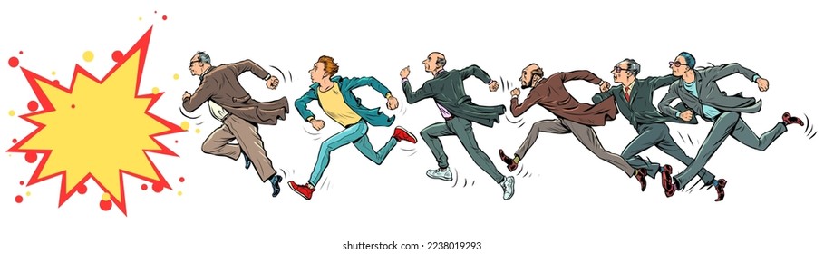 men run for sale, fast run marathon sport. Consumers rush to the store. Pop Art Retro Vector Illustration Kitsch Vintage 50s 60s Style