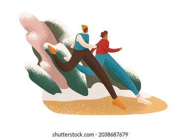 Men runners jogging together in winter. Couple of joggers friends running outdoors in cold weather with snow. Happy people training. Flat graphic vector illustration isolated on white background