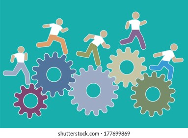 Men running along a series of cogs. 
