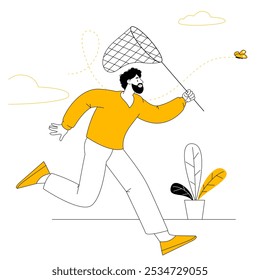 Men is running to catch butterfly with net. Businessmen running after cash money flying away. Capture new business ideas, search for innovation or creativity. Flat cartoon vector concept.