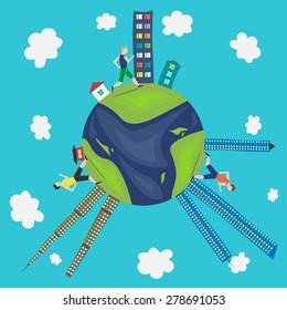 Men running in cities and towns all over the world. Jogging, running, fitness, healthy lifestyle, sports concept. EPS 10 vector illustration, no transparency