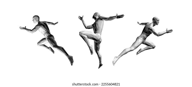 Men running in different directions. Marathon runner. Design for sport. 3D human body model. Vector for brochure, flyer, presentation, logo or banner.