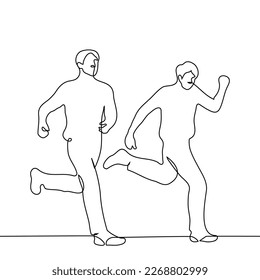 men running as fast as they can - one line drawing vector. concept friends are in a hurry or competitors athletes overtake each other