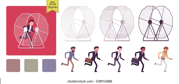 Men running in the hamster wheel creation set, caught in an endless everyday routine, nonstop business duties and high speed of modern life. Build your own cartoon concept illustration
