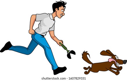 Men running holding scissors scoop  following the dog vector cartoon
