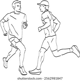 Men Running Line Art. Vector Icon Hand Drawn Black Line Doodle Illustration