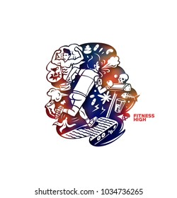 Men running in machine treadmill at fitness gym club, vector illustration.
