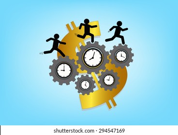 Men running to move the gears with timing for process running and improvement to money making concept, vector illustration
