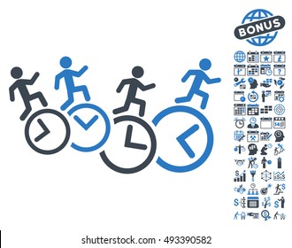Men Running Over Clocks icon with bonus calendar and time management graphic icons. Vector illustration style is flat iconic bicolor symbols, smooth blue colors, white background.