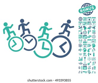 Men Running Over Clocks icon with bonus calendar and time management graphic icons. Vector illustration style is flat iconic bicolor symbols, cobalt and cyan colors, white background.