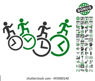 Men Running Over Clocks icon with bonus calendar and time management symbols. Vector illustration style is flat iconic bicolor symbols, green and gray colors, white background.