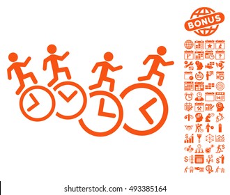 Men Running Over Clocks pictograph with bonus calendar and time management graphic icons. Vector illustration style is flat iconic symbols, orange color, white background.