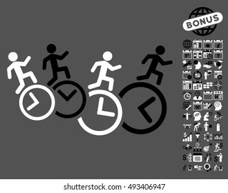 Men Running Over Clocks pictograph with bonus calendar and time management icon set. Vector illustration style is flat iconic bicolor symbols, black and white colors, gray background.