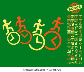 Men Running Over Clocks pictograph with bonus calendar and time management pictograph collection. Vector illustration style is flat iconic bicolor symbols, orange and yellow colors, green background.