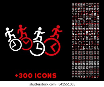 Men Running Over Clocks vector pictogram with additional 300 date and time management icons. Style is bicolor flat symbols, red and white colors, rounded angles, black background.