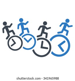 Men Running Over Clocks vector icon. Style is bicolor flat symbol, smooth blue colors, rounded angles, white background.