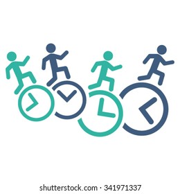 Men Running Over Clocks vector icon. Style is bicolor flat symbol, cobalt and cyan colors, rounded angles, white background.