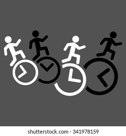 Men Running Over Clocks vector icon. Style is bicolor flat symbol, black and white colors, rounded angles, gray background.