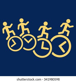 Men Running Over Clocks vector icon. Style is flat symbol, yellow color, rounded angles, blue background.
