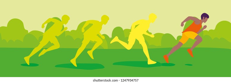 Men Running In Park. Park, Trees On Green Background. Banner, Site, Poster Template. Flat Style Vector Illustration. 