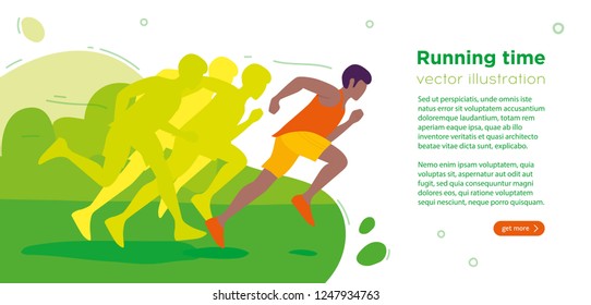 Men running in park. Park, trees on green background. Banner, site, poster template with place for your text. Flat style vector illustration. 
