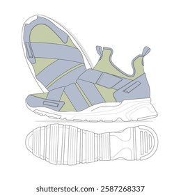 Men running shoes vector design mockup template technical flat drawing.