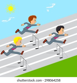 men running to success overcoming obstacles to distillation, illustration, vector