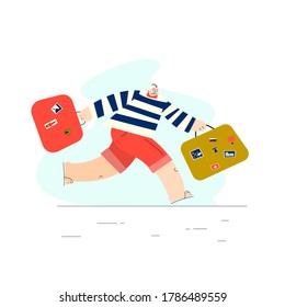 Men running toghether this suitcases. Hurring couple. Vector illustration , isolated on white background.