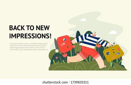 Men running with uitcases. Back ti new impressions. Vector flat illustration , isolated on white background. Web banner