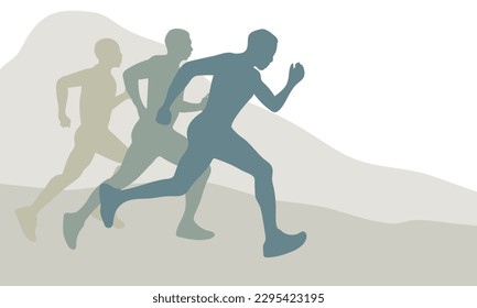 Men are running. Vector poster design. The concept of a healthy lifestyle. People in nature run against the background of mountains. Flat vector illustration. Template for banner, advertising cover