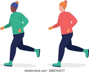 Men running in winter semi flat color vector character set. Posing figure. Full body people on white. Outdoor recreation isolated modern cartoon style illustration for graphic design and animation