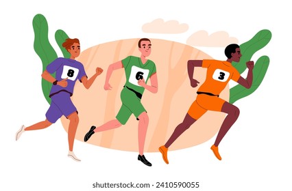 Men runs at competitions concept. Marathon runners and sprinters. Active lifestyle and sports. Cardio training outdoor. Sportsmen at athletics tournament. Cartoon flat vector illustration