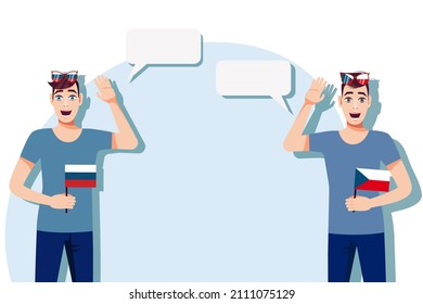 Men with Russian and Czech flags. Background for the text. The concept of sports, political, education, travel and business relations between Russia and Czech. Vector illustration.