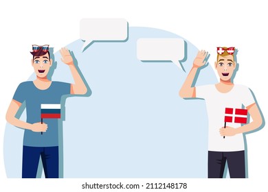 Men with Russian and Danish flags. Background for text. Communication between native speakers of Russia and Denmark. Vector illustration.