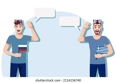 Men with Russian and Greek flags. The concept of international communication, education, sports, travel, business. Dialogue between Russia and Greece. Vector illustration.