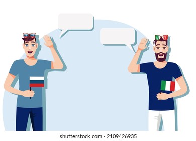Men with Russian and Italian  flags. The concept of international communication, education, sports, travel, business. Dialogue between Russia and Italy. Vector illustration.