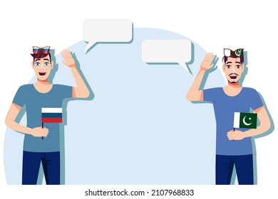 Men with Russian and Pakistani flags. Background for the text. The concept of sports, political, education, travel and business relations between Russia and Pakistan. Vector illustration.