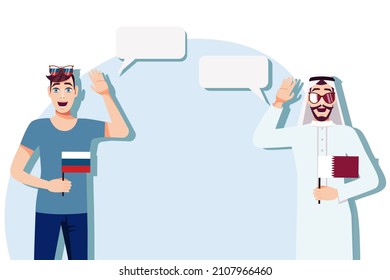 Men with Russian and Qatari flags. Background for text. Communication between native speakers of Russia and Qatar. Vector illustration.