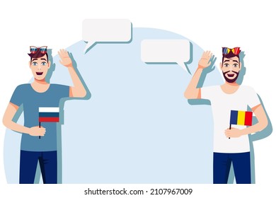 Men with Russian and Romanian flags. Background for the text. Communication between native speakers of the language. Vector illustration.