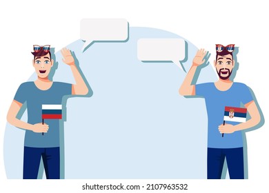 Men with Russian and Serbian flags. The concept of international communication, education, sports, travel, business. Dialogue between Russia and Serbia. Vector illustration.