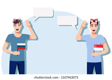 Men with Russian and Singapore flags. Background for text. Communication between native speakers of Russia and Singapore. Vector illustration.