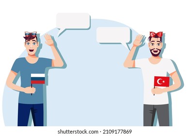 Men with Russian and Turkish flags. Background for text. Communication between native speakers of Russia and Turkey. Vector illustration.