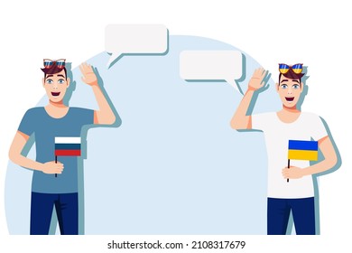 Men with Russian and Ukrainian flags. Background for the text. Communication between native speakers of the language. Vector illustration.