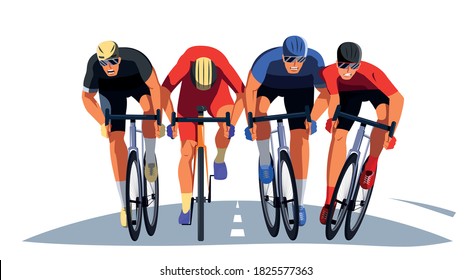 Men s bicycle race. Cyclists at the finish line are fighting for the victory. Final sprint front view. Athletes on bikes are finishing the race and pushing each other with elbows. Vector flat design