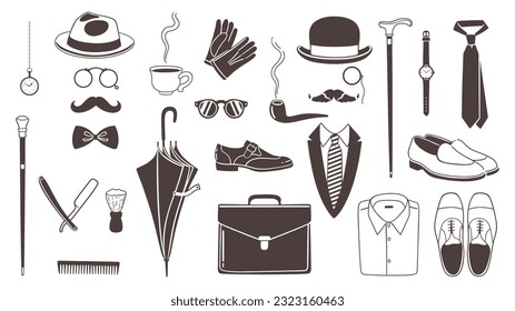 Men s collection in retro style. Gentleman s accessory set. Vector graphics