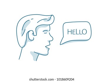 Men s head with dialog speech bubble, saing Hello , vector illustration