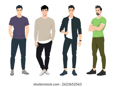 Men s Outfit Collection. A diverse illustration set featuring men in different fashionable outfits, from everyday casual wear to stylish business attire.
