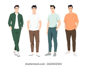 Men s Outfit Collection. A diverse illustration set featuring men in different fashionable outfits, from everyday casual wear to stylish business attire.
