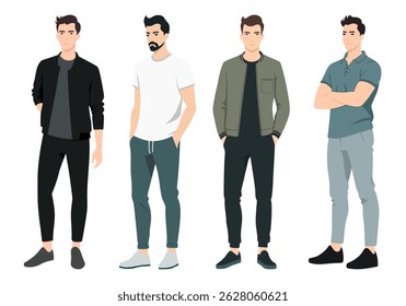 Men s Outfit Collection. A diverse illustration set featuring men in different fashionable outfits, from everyday casual wear to stylish business attire.
